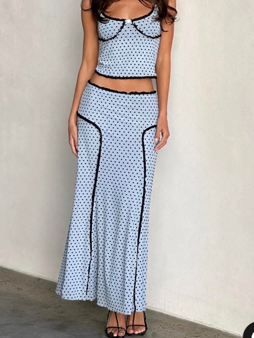 Tiger Mist Polka Dot Two-Piece Set - Blue & Black Matching Top + Maxi Skirt